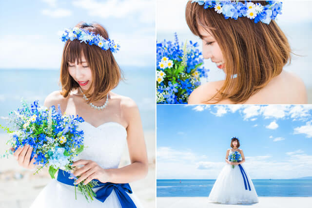 ストレートの髪にブルーの花かんむりをつけたシンプルなヘアスタイル アイブルーム